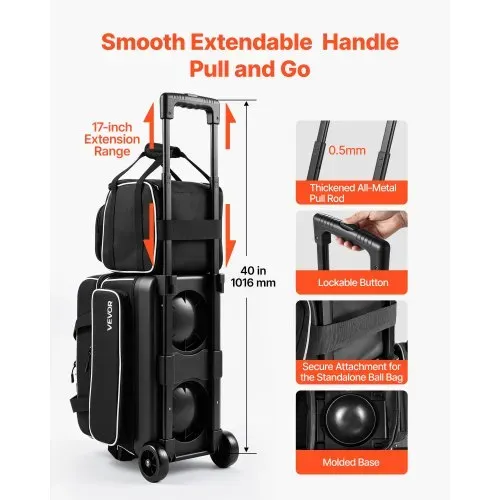 VEVOR 1 Bowlingtasche mit Rollen + 1 Bowlingtasche (Mini) für 2+1 Kugeln 600D Oxford Weiß Schwarz, für Schuhe bis US-Größe 16 und Zubehör, mit Teleskopgriff (bis zu 1016 mm) und Doppellagigen Ablagen – Bild 5