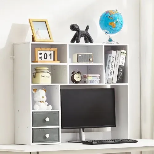 VEVOR Schreibtisch Bücherregal 3-stufiger Organizer (94 x 25,4 x 79,2 cm) Tischregale Organizer Ausstellungsregal aus Spanplatte + Melaminpapier, Regal mit rutschfesten Füßen, für Büro Weiß – Bild 7