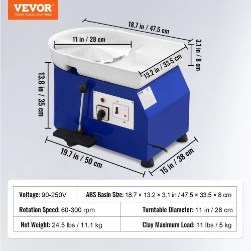 VEVOR Töpferscheibe Keramik Rad Maschine 350 W, Elektrische Töpferscheibe Maschine 28 cm 300 U/min Töpferscheibenmaschine, mit Pedal & Schürze Formmaschine, Geeignet für Anfänger, Enthusiasten usw. – Bild 6