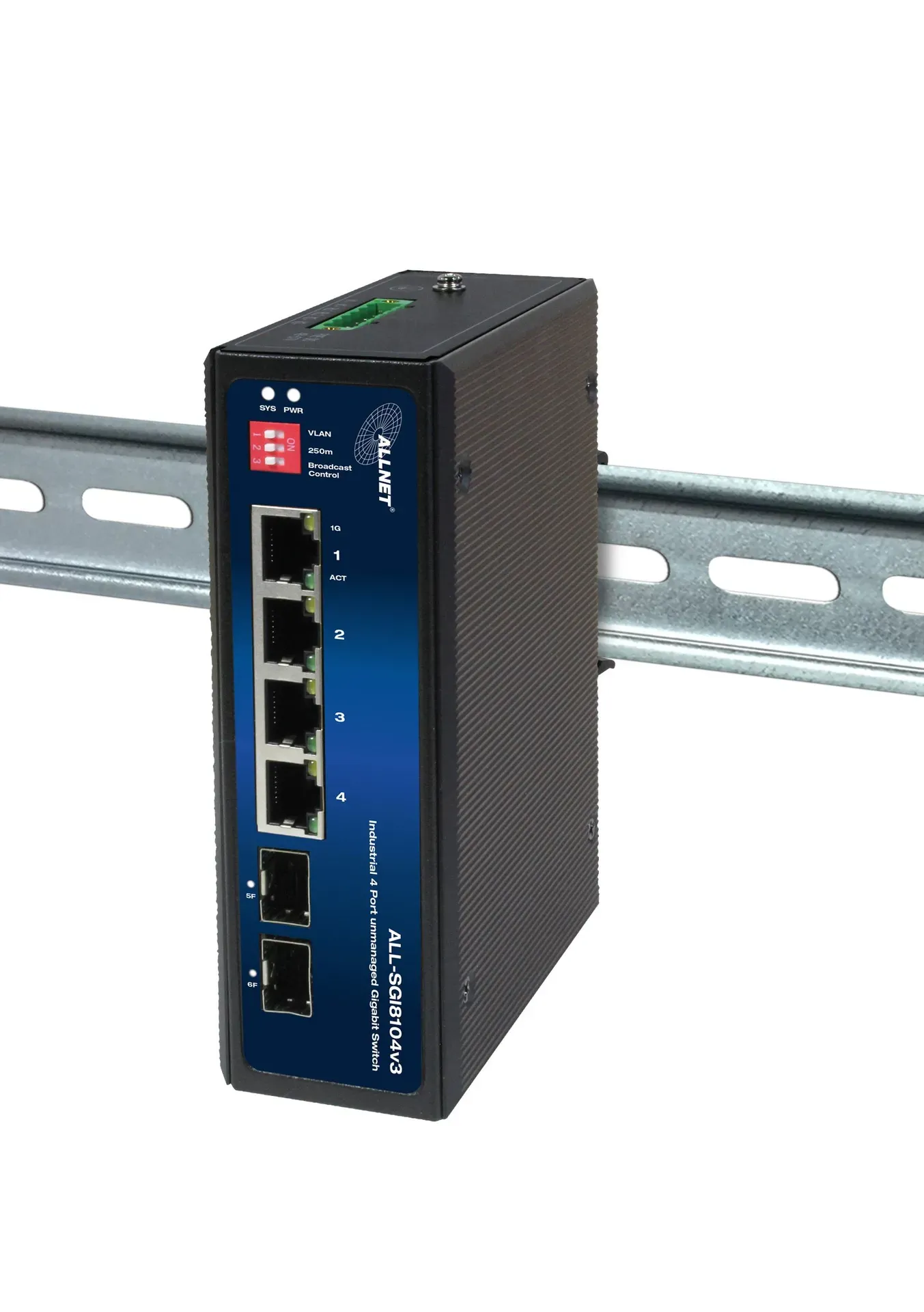 ALLNET Switch industrial unmanaged Layer2 6 Port GbE • 4x GbE • 2x SFP • Lüfterlos , IP40 • ALL-SGI8104v3 ALLNET Switch industrial unmanaged Layer2 6 Port GbE • 4x GbE • 2x SFP • Lüfterlos , IP40 • ALL-SGI8104v3