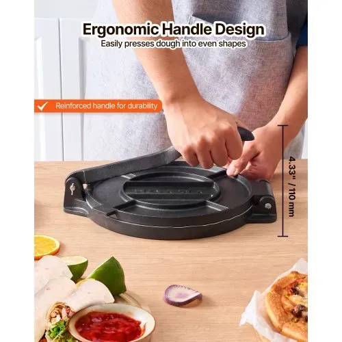 VEVOR Tortillapresse 30 cm Gusseisen Manuelle Taco Presse Pizzateigpresse für Weizentortillas, Pizza, Bäckerei und Fladenbrot, mit Verstärktem Griff, 50 Backpapier und Eingebrannter Leinöl-Oberfläche – Bild 3