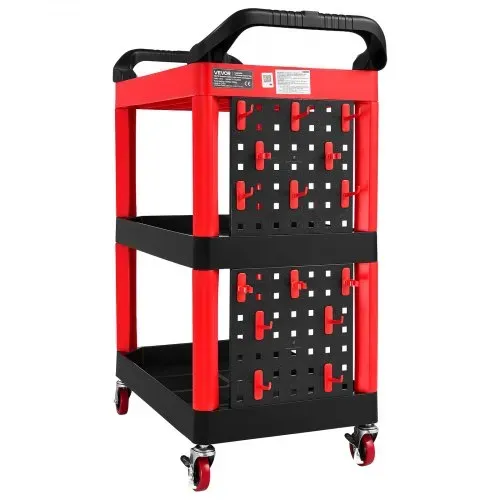 VEVOR Servicewagen Werkstattwagen PP-Rollwagen 810x425x970mm Schwarz & Rot, Werkzeugwagen mit 136kg Tragkraft, Inkl. 3 Ebene & 4 Rollen Pegboard & Handgriffen, Allzweckwagen für Garage Werkstatt Lager – Bild 9