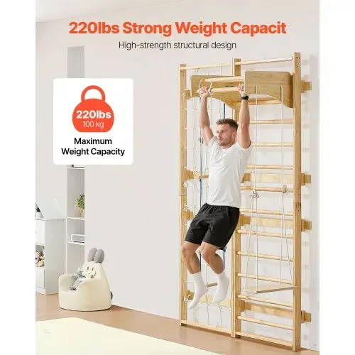 VEVOR schwedische Leiterwand 8 in 1 12-stufiges Kletterspielzeug aus Massivholz 100 kg belastbares Indoor-Klettergerüst mit Kletterbrett Turnringen Klimmzugstange Wandleiter Rutsche Schaukel – Bild 4