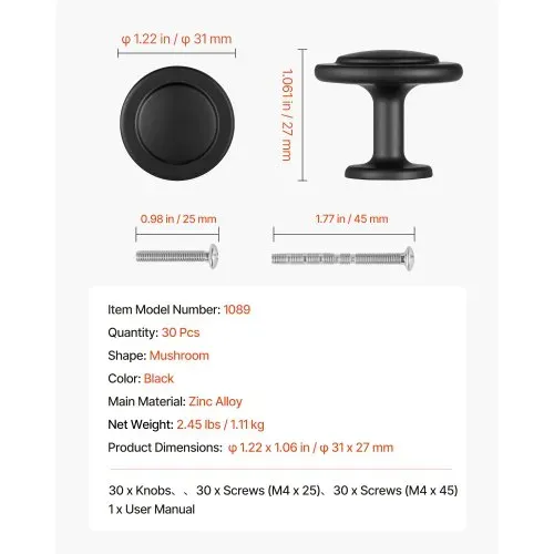 VEVOR Möbelknöpfe, 30er-Pack, 31 mm, Schrankknöpfe aus schwarzer Zinklegierung, massive Küchenknöpfe, Schubladenknöpfe, Knauf mit Schrauben für Badezimmer, Schränke, Schubladen, Küche – Bild 6