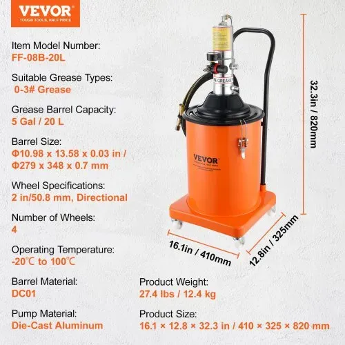 VEVOR Fettpumpe 20L Luftbetriebene Fettpumpe 0,6–0,8 MPa Aluminiumdruckguss-Pumpe -20-100℃ Betriebstemperatur, Pneumatische Fettpumpe NPT-Anschluss Schmierfettpumpe Geeignet für 0-3# Fett – Bild 6