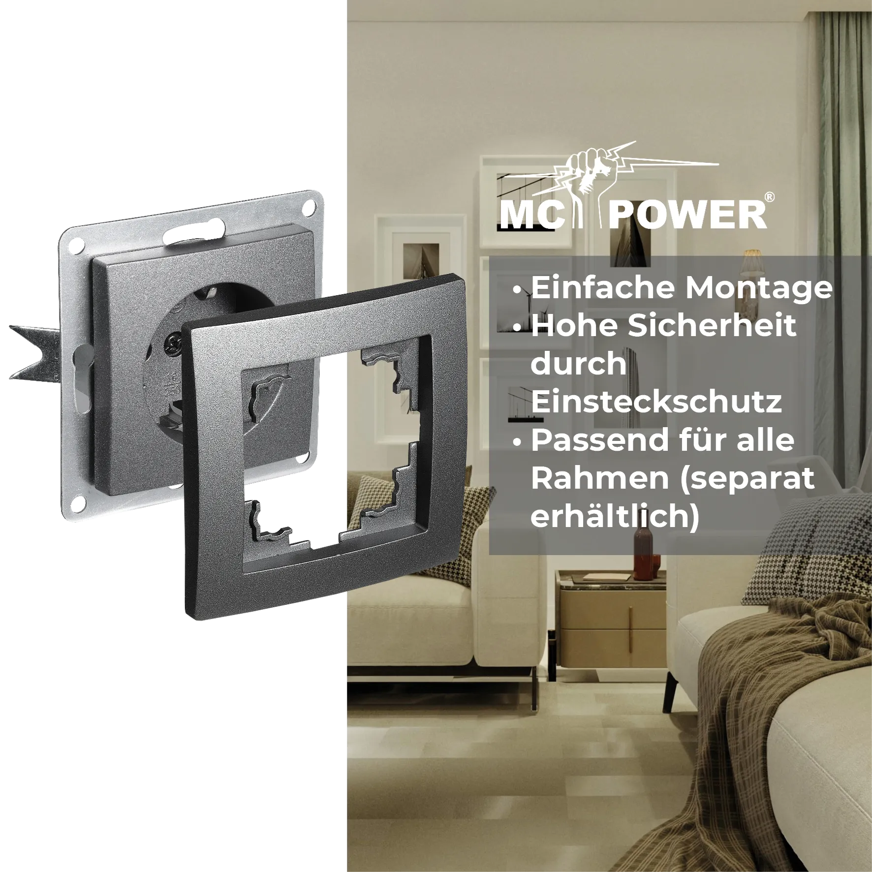 Schutzkontakt-Steckdose McPower ''Flair'' 250V~/16A, UP, Einsteckschutz, anthrazit – Bild 4