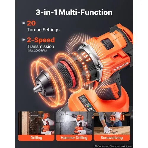 VEVOR Akku-Schlagbohrschrauber 20V 12,7mm 30.000IPM 500U/min/2.000 U/min, zum Bohren in Holz & Metall sowie zum Schrauben, 4000-mAh-Lithium-Ionen-Akku & Ladegerät, mit Ganzmetall-Bohrfutter, 65 Nm – Bild 3