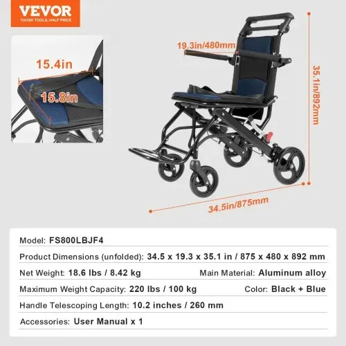 VEVOR Rollstuhl, ultraleichter Transportstuhl aus Aluminiumlegierung für Erwachsene, faltbarer Rollstuhl mit umklappbaren Armlehnen in Schreibtischlänge, selbstsperrende Bremse, 15,75 Zoll breiter Sitz, 220 Pfund Gewichtskapazität – Bild 6