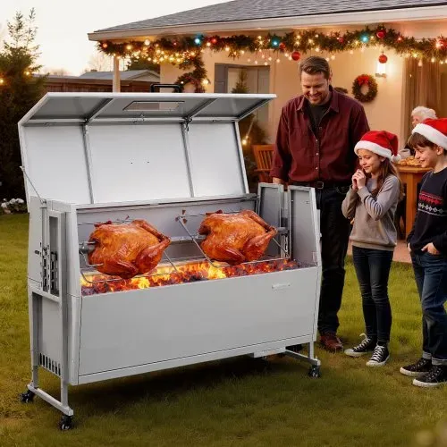 VEVOR Drehspießgrill 38 W Spanferkelgrill Lammgrill Holzkohlegrill (132 cm Grilllänge) mit 60 kg Tragkraft & Rädern & 4-facher Höhenverstellung & Deckel, Edelstahl-Elektrogrill-Set für Camping – Bild 7