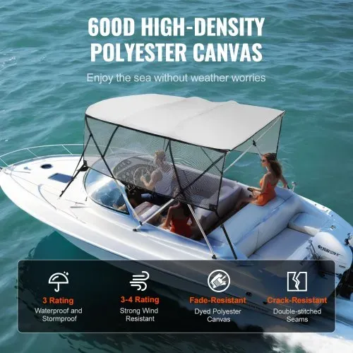 VEVOR 4-Bogen-Bimini-Top-Bootsabdeckung, 216–228 cm Einbaubreite 600D-Polyester-Überdachung, Bootsverdeck mit Abnehmbare Mesh-Seitenwände, Wasserdicht & Sonnenschutz, inkl. Aufbewahrungsbox Hellgrau – Bild 2