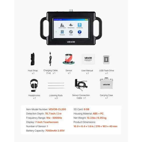 VEVOR Rohr-Wasserleckdetektor, 1 Hz–5000 Hz, 7-Zoll-Touchscreen, Lecksuchgerät für Rohrleitungen mit 2 m Tiefe – mit Sensor, 3 Abhörstäben, Kopfhörer, 8-GB-Karte und Tragetasche – Bild 6
