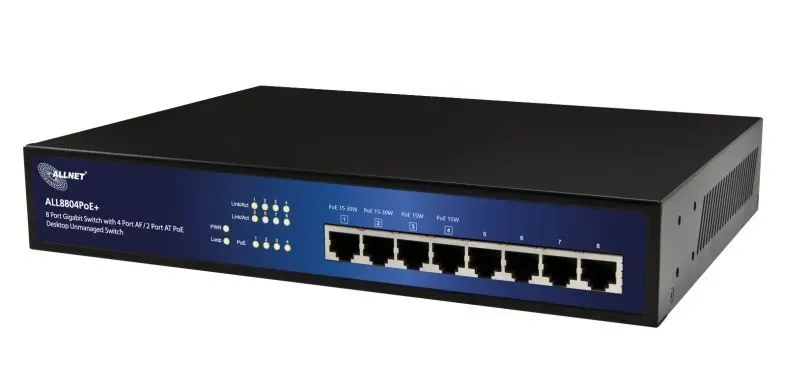 ALLNET Switch unmanaged 8 Port Gigabit 63W / 4x PoE+ / 4x LAN / Lüfterlos /19″ / “ALL8804PoE+” ALLNET Switch unmanaged 8 Port Gigabit 63W / 4x PoE+ / 4x LAN / Lüfterlos /19″ / “ALL8804PoE+”