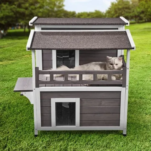 VEVOR Katzenhaus für draußen, wetterfest, Unterschlupf für Wildkatzen für mehrere Katzen, großes 2-stöckiges Katzenhaus aus Holz für draußen mit Balkon, Türen, PVC-Türklappen und offenem Dach, 76,2 cm L x 76,2 cm B x 81,3 cm H – Bild 7