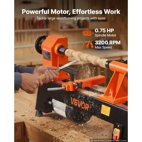 VEVOR Drechselbank 304 x 465 mm 3/4 PS Tischdrehbank mit 5 Drehzahlstufen für Tischbeine Spazierstöcke und Große Holzwerkstücke, 650/1100/1600/2200/3200 U/min, Thermoschutz und Robuster Metallrahmen – Bild 3
