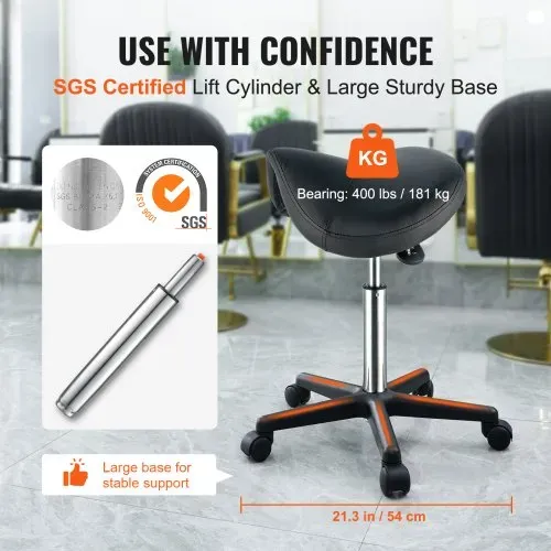 VEVOR Sattelhocker mit Rädern, 181 kg Gewichtskapazität, Ergonomischer Rollsattelhocker, Höhenverstellbar, Verdicktes PU-Leder, Drehsattelhocker, Stuhl für Salon, Spa, Klinik, Schwarz – Bild 3