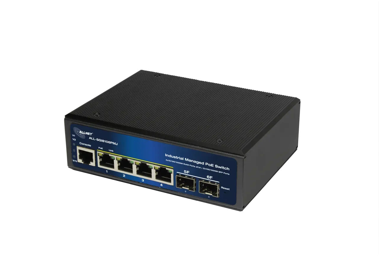 ALLNET Switch industrial full managed Layer2+ 6 Port GbE • PoE Budget 360W • 4x PoE bt • 2x SFP • Lüfterlos • DIN • ALL-SGI8106PMJ-BT ALLNET Switch industrial full managed Layer2+ 6 Port GbE • PoE Budget 360W • 4x PoE bt • 2x SFP • Lüfterlos • DIN • ALL-SGI8106PMJ-BT