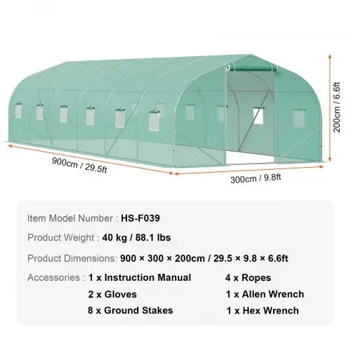 VEVOR begehbares Tunnel-Gewächshaus, 29,5 x 9,8 x 6,6 Fuß Foliengewächshaus-Tunnel, Spitzdach-Pflanzengewächshaus mit verzinktem Stahlrahmen, grüner PE-Abdeckung, aufrollbarer Reißverschlusstür und 12 Fenstern für den Außenbereich – Bild 6