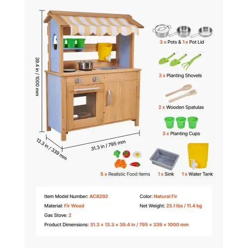 VEVOR Spielküche, Kinderküche, Spielzeugküche mit Löffeln, Spülbecken, Wassertank, Sonnenschutz, Schaufeln, Kochgeschirr & Zubehör, Outdoor-Holzküche für Kinder ab 3 Jahren, 795x339x1000mm – Bild 6
