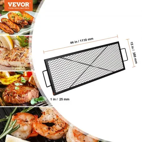 VEVOR 1110 x 380 x 25 mm X-Marks Feuerstellen-Grillrost, Rechteckiger Grillrost, Lagerfeuer-BBQ-Grillrost aus Stahl mit Griff, Tragbares Camping-Kochgeschirr für Partytreffen im Freien, Schwarz – Bild 6