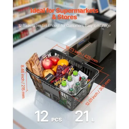 VEVOR Einkaufskorb, 12er-Pack, 21 L stapelbarer Kunststoffkorb mit Tragebügel, Engmaschige Struktur, Tragkraft bis zu 9 kg, Tragekorb für Lebensmittelgeschäfte, Einzelhandel, Supermärkte, Schwarz – Bild 2