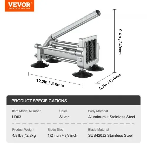 VEVOR Pommes-Frites-Schneider, Kartoffelschneider mit 1/2 Zoll & 3/8 Zoll Edelstahlklingen, manueller Kartoffelzerkleinerer mit Saugnäpfen & Griff, ideal für Kartoffeln Pommes Frites Gemüse – Bild 6