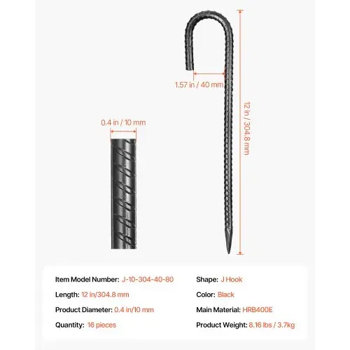 VEVOR Bodenanker, 304,8 mm, J-Typ mit 10 mm Durchmesser, verzinkte Zeltheringe, Erdanker, Erdnägel, Heringe, für Zelten, Vordächern, Camping, Trampolin, Blumenständer (16er-Pack) – Bild 6