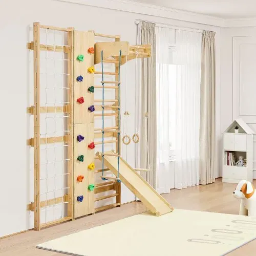 VEVOR schwedische Leiterwand 9 in 1 12-stufiges Kletterspielzeug aus Massivholz 100 kg belastbares Indoor-Klettergerüst mit Kletterwand Turnringen Klimmzugstange Rutsche Schaukel – Bild 7