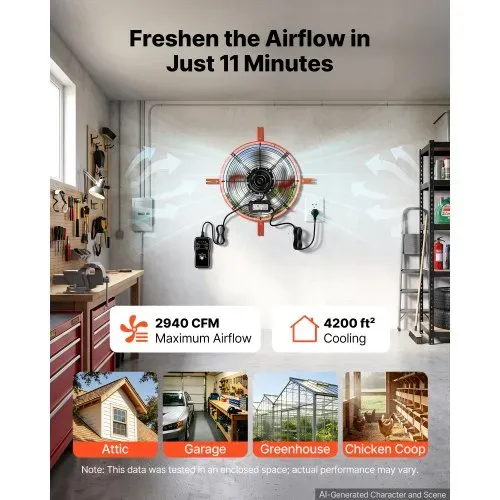 VEVOR Giebellüfter 40,6cm Dachbodenlüfter mit 4995,1m³/h Luftstrom Orange, Kühlung & Luftzirkulation für Dachboden Werkstatt & Lager, Kohlenstoffstahlgehäuse, mit Thermostat Netzkabel & Steuerkabel – Bild 5