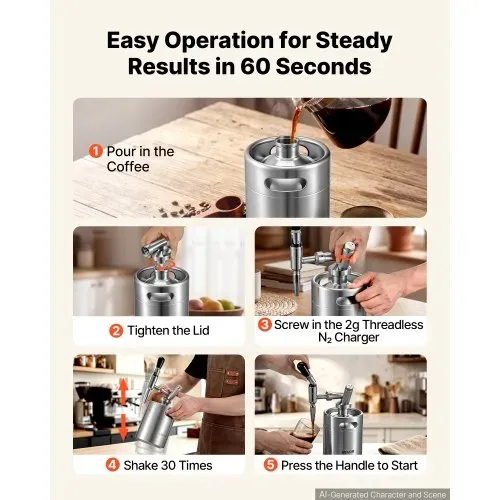 VEVOR Nitro-Cold-Brew-Kaffeefass 2 L, Edelstahl-Kaffeemaschine mit Zapfhahn, Heimbrüh-Kaffeefass, Tragbares Kaffeefass mit Spender und Druckentlastungsventil, Geeignet für Kaffeeliebhaber – Bild 5
