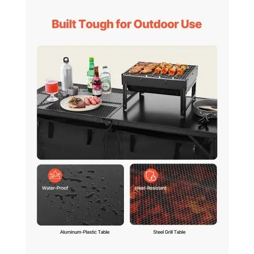 VEVOR Camping Küchentisch klappbarer Kochtisch Outdoor, 3-fach höhenverstellbar, tragbare Kochstation aus Aluminium mit Organizer & Tragegriff, für Grillpartys Picknicks Wohnmobilreisen Schwarz – Bild 2