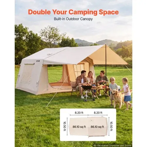 VEVOR Aufblasbares Zelt Luftzelt 3-5 Personen mit Pumpe & Sonnendach Beige, für Outdoor-Aktivität Wasserabweisendes 420D Oxford-Gewebe mit Dachfenster Ofenrohrdurchführung & Netzfenster Windstabil – Bild 2