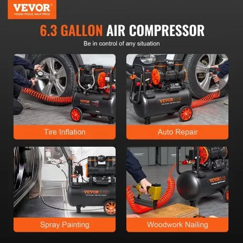 VEVOR Silent Druckluftkompressor 2800U/min Flüsterkompressor 70dB Ölfreier Kompressor mit 2 Rädern 24L Druckbehälter 6-8Bar 1450W (2PS) 3,5 MPa Autoreparaturen Sprühlackierung Holzarbeiten – Bild 5