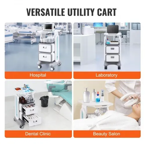 VEVOR Laborwagen mit 3 Ebenen, Laborwagen mit 2 Schubladen und 1 oberen Ablage, mobiler medizinischer Wagen aus ABS-Material, Laborrollwagen mit 4 leisen Rädern für Labor, Klinik, Krankenhaus, Salon, weiß – Bild 5