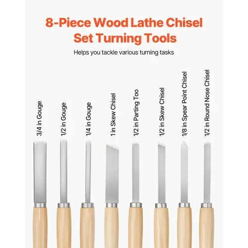 VEVOR Drechseleisen-Set, 8-teilig, Drechselmesser mit Klinge aus Kohlenstoffstahl, 2 Schrägmeißel, 1 Speerspitze, 1 Abstechmeißel, 1 Rundspitze, 3 Hohleisen, 1 Oxford-Tasche, Drechselwerkzeug VEVOR Drechseleisen-Set, 8-teilig, Drechselmesser mit Klinge aus Kohlenstoffstahl, 2 Schrägmeißel, 1 Speerspitze, 1 Abstechmeißel, 1 Rundspitze, 3 Hohleisen, 1 Oxford-Tasche, Drechselwerkzeug