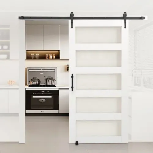 VEVOR Schiebetür im Scheunenstil Schiebetürsystem (1067 x 2134 mm) aus hochfesten MDF-Platten & Milchglas, Scheunentor mit Hardware-Kit & wasserfester PVC-Oberfläche & H-Rahmen für Badezimmer – Bild 7