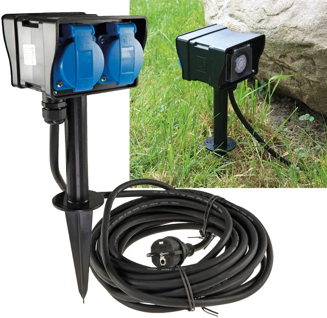 Gartensteckdose mit Erdspieß, 2-fach IP44, 2m Kabel, Zeitschaltuhr Gartensteckdose mit Erdspieß, 2-fach IP44, 2m Kabel, Zeitschaltuhr