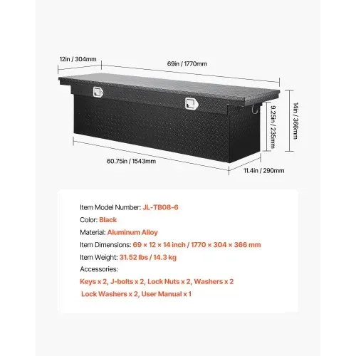 VEVOR Crossover Lkw Werkzeugkasten für die Ladefläche (1771 x 304 x 366 mm) abschließbare & wasserdichte Werkzeugkisten aus Aluminium mit Diamantstruktur, Truckbox für Wohnmobilanhänger schwarz – Bild 6