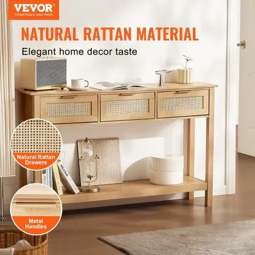 VEVOR Rattan-Konsolentisch mit 3 Schubladen, Rattan-Eingangstisch mit natürlicher Rattan-Schiebetür, Konsolen-Sofatisch für Wohnzimmer, Arbeitszimmer, Eingangsbereich oder Fernsehwand, Natur VEVOR Rattan-Konsolentisch mit 3 Schubladen, Rattan-Eingangstisch mit natürlicher Rattan-Schiebetür, Konsolen-Sofatisch für Wohnzimmer, Arbeitszimmer, Eingangsbereich oder Fernsehwand, Natur