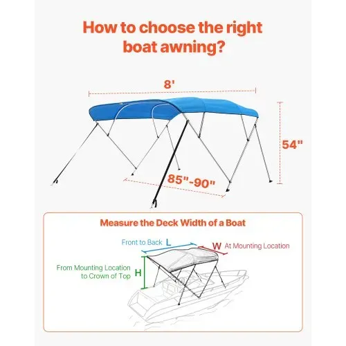 VEVOR Bimini Top Bootsabdeckung Sonnenverdeck (4 Bögen) aus 600D Polyester mit Rahmen aus Aluminiumlegierung, wasserdichte Sonnenschutz-Bootsmarkise mit Aufbewahrungstasche, 216-229 cm (B) Blau – Bild 4