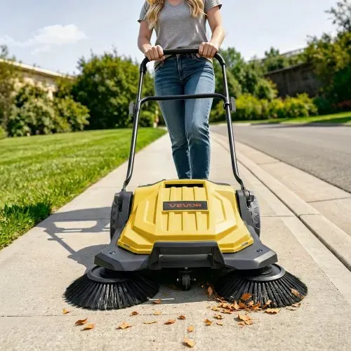 VEVOR Kehrmaschine Manuell, Handkehrmaschine mit 650 mm Arbeitsbreite, 18,9-L-Kehrbehälter & Verstellbarem Klappgriff, Bodenreinigungsmaschine für Höfe, Gehwege, Terrassen & Garagen – Gelb – Bild 7