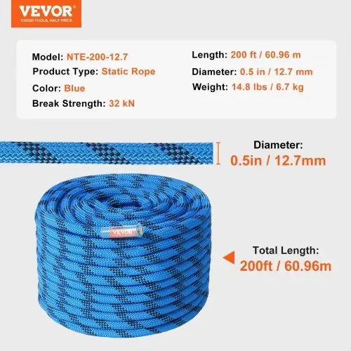 VEVOR 12,7 mm statisches Kletterseil, 60,9 m (200 Fuß) Outdoor-Kletterseil, 30 kN Bruchfestigkeit, Faserseil für Flucht, Abseilen, Brandrettung, Blau – Bild 6
