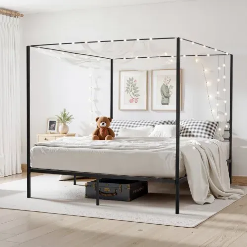 VEVOR Himmelbettrahmen (Kingsize), Metallhimmelbett (363 kg belastbar) mit Himmelbett-Design, robuste Stahllattenstütze, Stauraum unter dem Bett, kein Boxspring erforderlich, Netzrahmen Schwarz – Bild 7