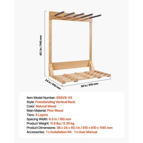 VEVOR vertikaler Surfbrettständer 4-stufiges Surfbrettregal aus Holz zur Aufbewahrung & Präsentation, freistehender Boardständer-Organizer Surfbretthalter Rack für Wakeboard Snowboard Skier – Bild 6