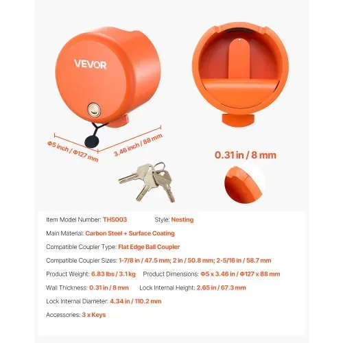 VEVOR Anhängerschloss, kompatibel mit 47,5 mm, 50,8 mm, 58,7 mm flachen Kugelkupplungen, Diebstahlsicherung mit 4 Schlüsseln, Sicherheitsschloss für Wohnmobile, Anhänger, Boote – Bild 6