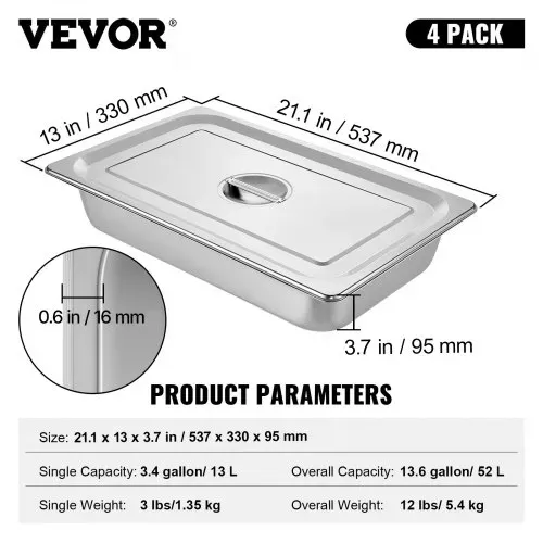 VEVOR Edelstahl Behälter 4 Stück, Speisebehälter Essens Behälter mit Deckel, Antihaft Teller, 53,7 x 33 x 9,5 cm, kommerzieller Warmhaltebehälter für Speisen, Torten, Aufläufe, Hotelpfanne Tisch, Food – Bild 6