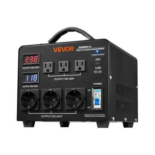VEVOR Spannungswandler-Transformator, 5000 VA, Hochleistungs-Aufwärts-/Abwärtstransformator, 110 V auf 220 V & 220 V auf 110 V, mit 3 US-Steckdosen, 3 EU-Steckdosen, LCD-Display, Schutzschalter – Bild 9