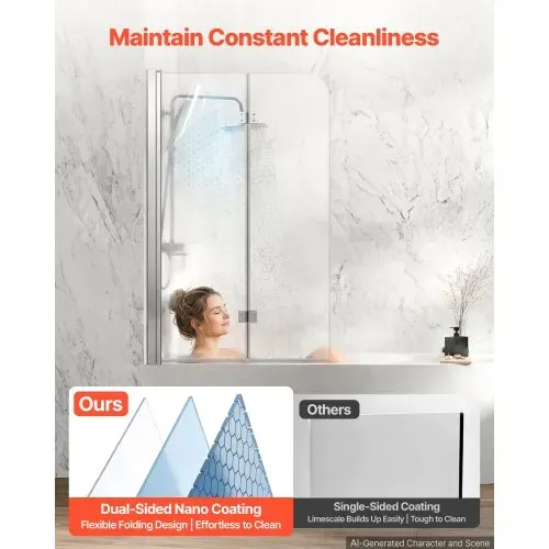 VEVOR Duschwand für Badewanne 1,2x1,4 m Teilrahmenlos 6 mm Silber, Badewannenfaltwand Zweiflügelig Klares Sicherheitsglas Nano-Beschichtung 180° Faltbar Auslaufsichere Dichtung – Bild 4