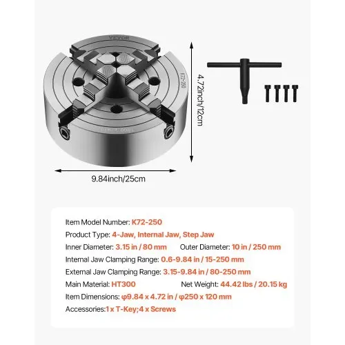 VEVOR 4-Backen-Drehfutter, 250 mm, Spannfutter, 15-250 mm Spannbereich mit T-Schlüssel-Befestigungsschrauben, umkehrbare Backen, HT300-Material, für Holz-Metall-Drehmaschine – Bild 6
