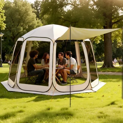 VEVOR Campingzelt, 365,76×335,28×230 cm, Pop-up-Zelt mit ausziehbarer Markise, Partyzelt für 10–12 Personen, inkl. Tragetasche & Netz-Seitenwände, für Terrasse & Outdoor-Aktivitäten, Beige VEVOR Campingzelt, 365,76×335,28×230 cm, Pop-up-Zelt mit ausziehbarer Markise, Partyzelt für 10–12 Personen, inkl. Tragetasche & Netz-Seitenwände, für Terrasse & Outdoor-Aktivitäten, Beige