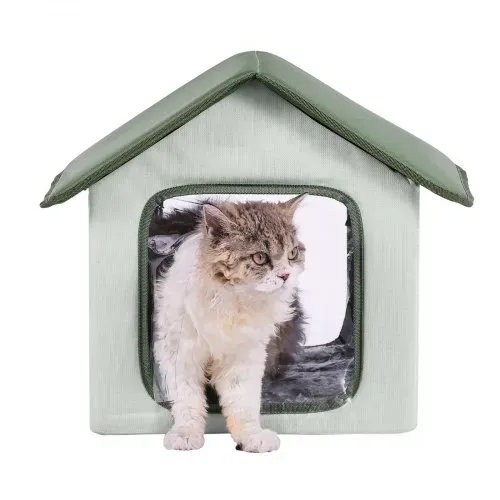 VEVOR Erhöhtes beheiztes Katzenhaus, Katzenunterschlupf für draußen mit einstellbarer Temperatur und Timer, faltbarer Katzenunterschlupf aus 600D Oxford-Gewebe mit beheiztem Kissen für den Winter, um es warm und gemütlich zu haben, grün (klein) – Bild 8
